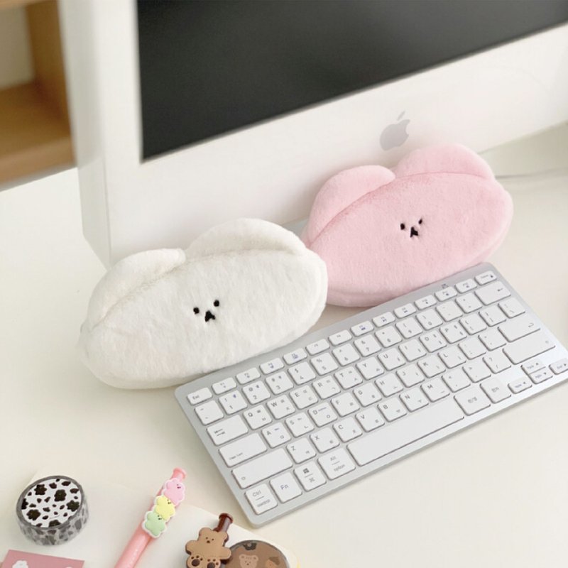 韩国文创 Chanibear 绒毛笔袋 可爱化妆铅笔盒 - 其他 - 棉．麻 白色