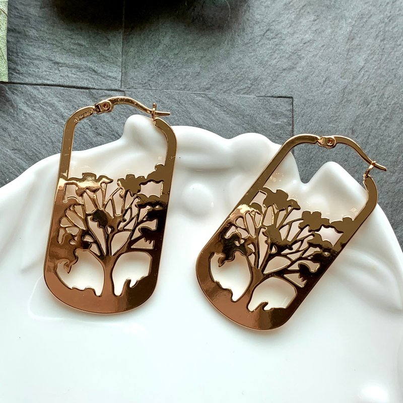 树林镂雕长方形耳环 圈型耳环 - 耳环/耳夹 - 铜/黄铜 金色