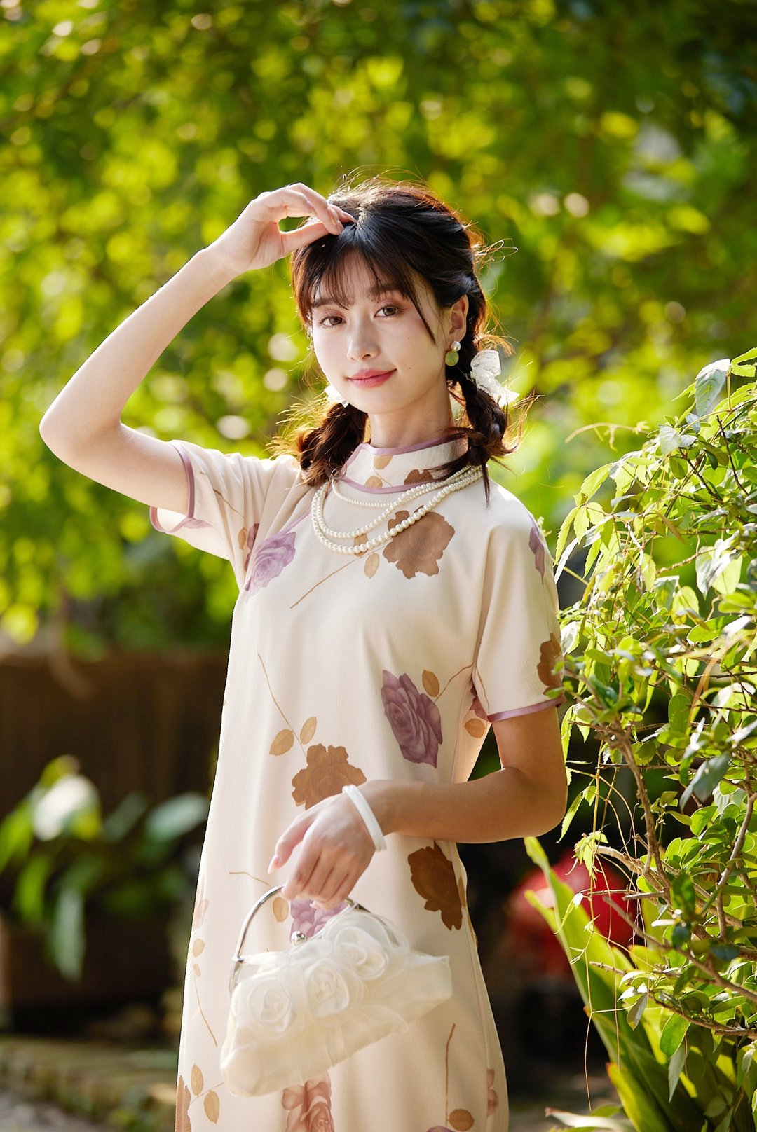 卡其色 筒子領印花復古少女旗袍 新中式國風春節改良洋裝連身裙 - 旗袍 - 其他人造纤维 卡其色
