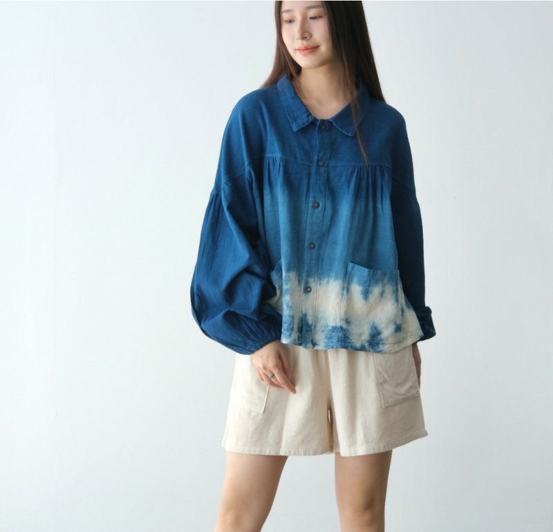 【棉麻手工蓝染】衬衫款超宽松长袖上衣 三色 - 女装上衣 - 棉．麻 蓝色