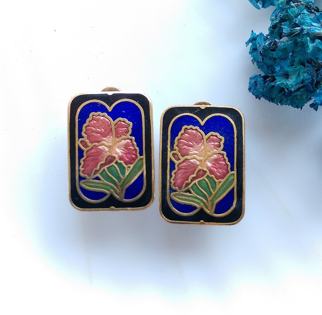 Vintage Jewelry 西洋古董饰品 方款优雅 花卉 景泰蓝 夹式耳环 - 耳环/耳夹 - 其他材质 金色
