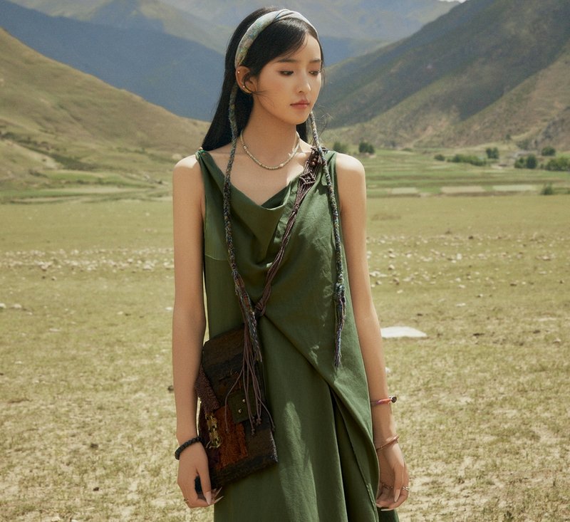 【苔藓森林】田园文艺复古/荡领无袖连衣裙 - 洋装/连衣裙 - 其他材质 绿色