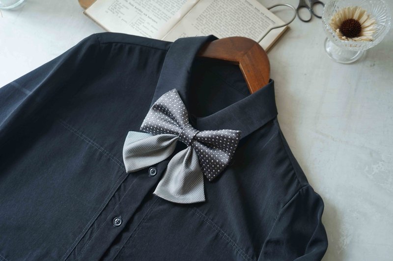 古董领带改制手工领结-银河系-学院风双层领结别针 - 领结/领巾 - 丝．绢 灰色