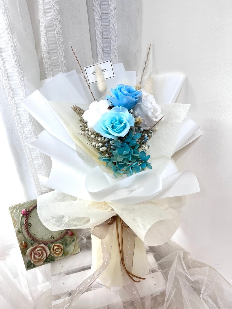 可定制铝线文字 蓝色精灵不凋玫瑰 生日花束/情人节/母亲节/毕业 - 干燥花/捧花 - 植物．花 