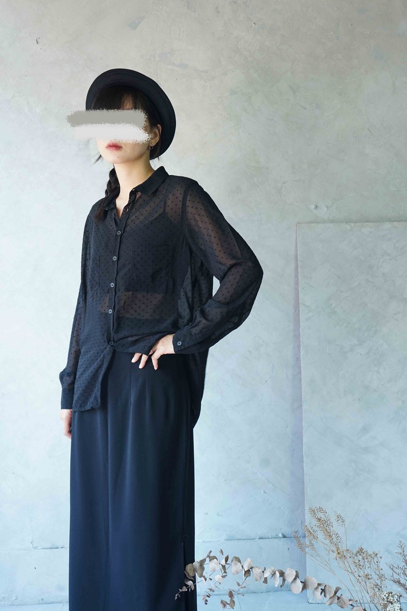 寻宝古着-水玉点点植绒黑色透肤雪纺长袖衬衫 - 女装衬衫 - 聚酯纤维 黑色