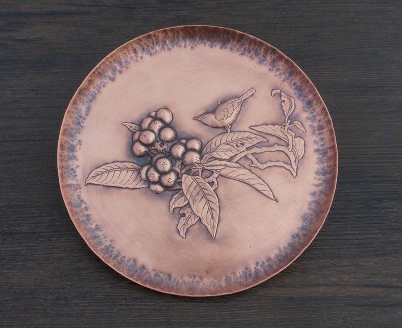 浮雕枇杷山鸟画紫铜咖啡馆小挂画水果盘豆皿 - 浅碟/小碟子 - 其他金属 