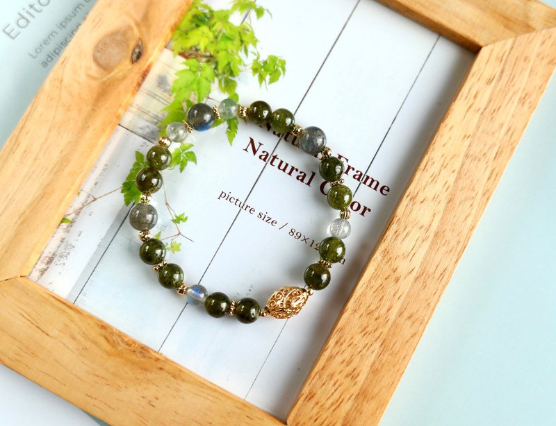 森林的话语/绿石榴石  沙弗莱  拉长石 14k包金配饰 - 手链/手环 - 水晶 绿色