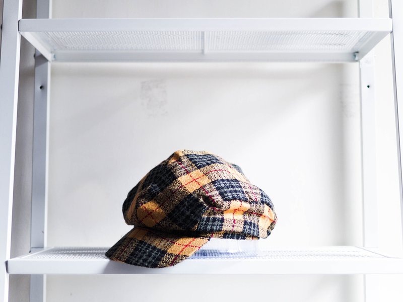 河水山 - 芥黄色苏格兰纹午茶时光 羊呢毛质毛线 古董圆顶鸭舌贝雷画家报童帽 newsboy hat / beret - 帽子 - 羊毛 黄色