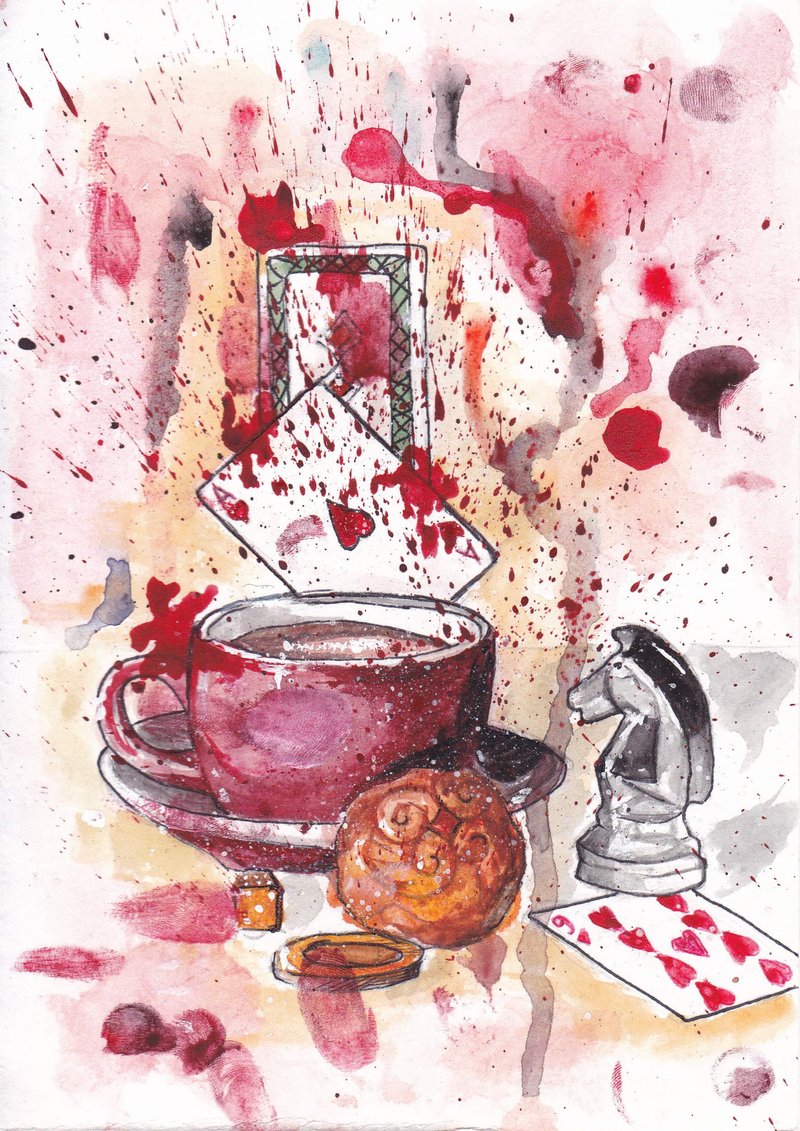 Still life alice in wonderland, tea party, cup, cards, chess, watercolor splashe - 墙贴/壁贴 - 纸 多色