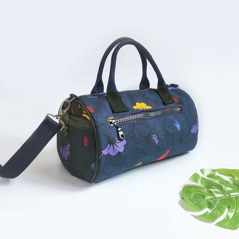 防泼水 圆筒包 手提旅行包 斜背包 -浪花朵朵 深蓝色 小红帽 - 手提包/手提袋 - 棉．麻 蓝色