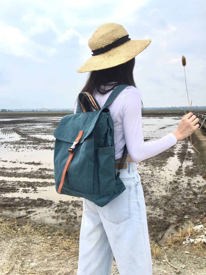 防泼水笔电后背包 日本蜡染帆布大容量旅女行背包 湖水蓝 -108号 - 后背包/双肩包 - 防水材质 绿色