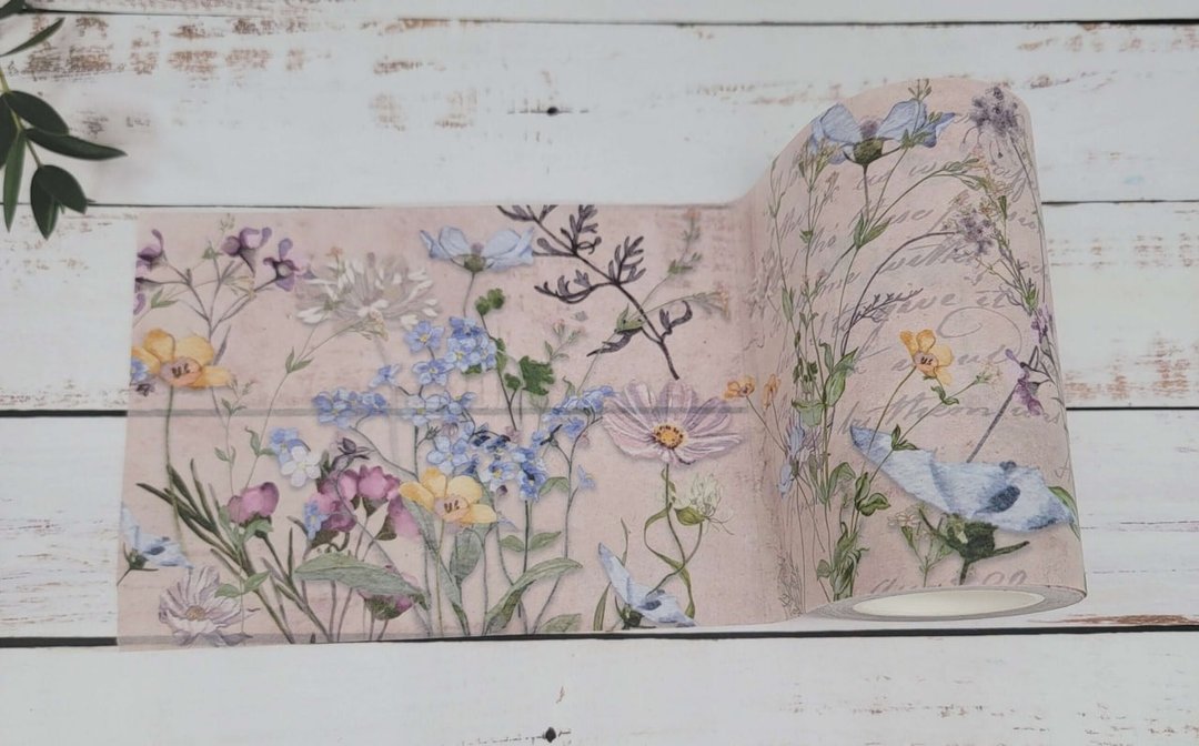 Meadow wildflowers extra wide washi tape for scrapbooks, jou - 纸胶带 - 纸 粉红色