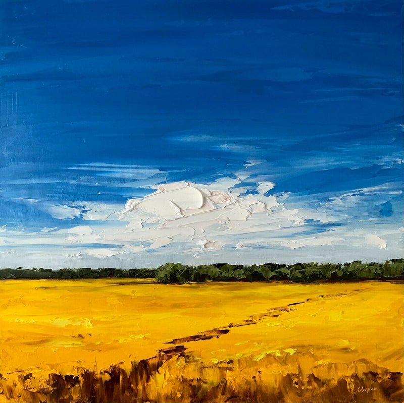 Original Yellow Field Painting Sky Landscape Oil Painting On Canvas Impasto Art - 墙贴/壁贴 - 棉 多色