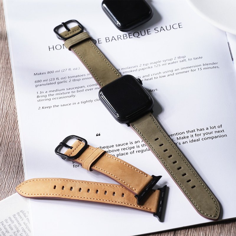 Apple watch - 质感黑扣车缝疯马真皮苹果表带 - 表带 - 真皮 卡其色