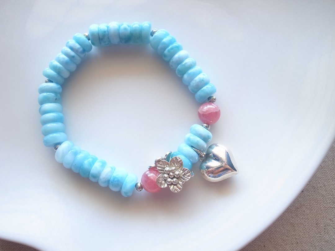 ORLI Jewelry 天然拉利玛手链 925纯银爱心花朵 海纹石 Larimar - 手链/手环 - 宝石 蓝色