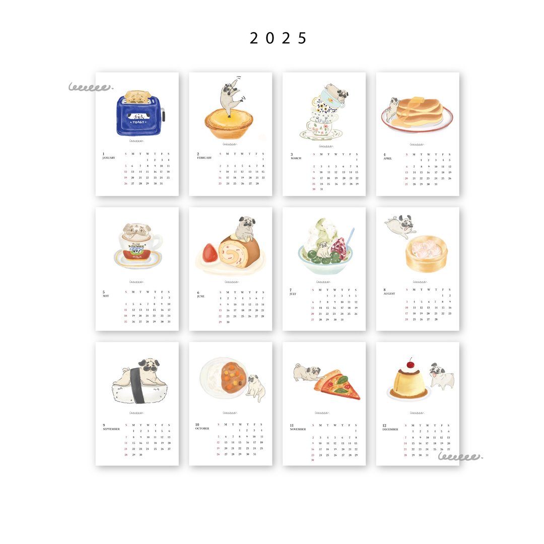 【月历】2025 手绘桌上月历卡 x 巴哥波子 x 美食(ONLY 卡) - 年历/台历 - 纸 