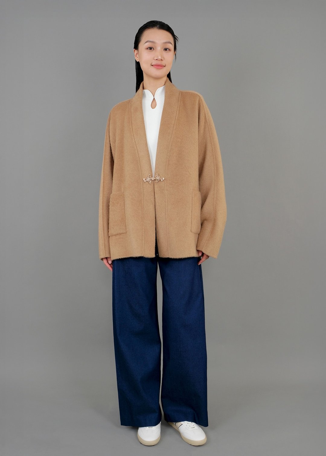 宽松盘扣开襟外套 (驼色) - 女装针织衫/毛衣 - 羊毛 卡其色