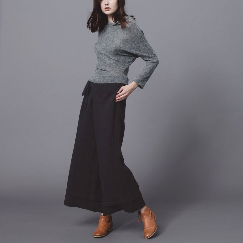 斜系带直筒裤 - 暖灰 - 女装长裤 - 棉．麻 灰色