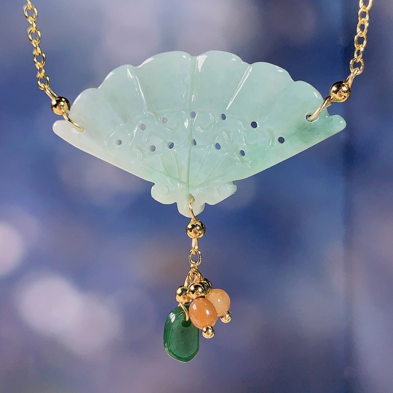 翡翠扇子设计款锁骨链 14K包金 | 天然A货翡翠 | 送礼 - 锁骨链 - 玉石 绿色