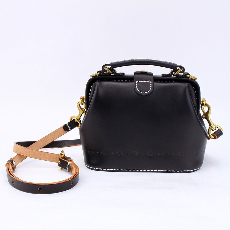 【切线派】医生包口金包纯手缝植鞣革女士肩背包手提包 手染黑 中 - 侧背包/斜挎包 - 真皮 黑色