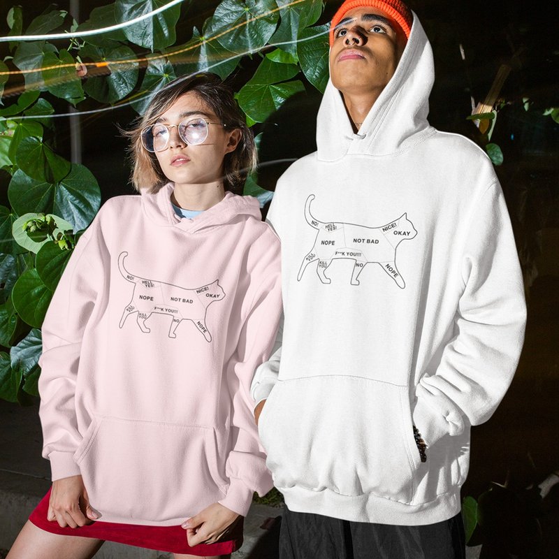 Cat Petting 刷毛帽T 中性版 白 浅粉 2色  猫咪抚摸注意事项 - 男装上衣/T 恤 - 棉．麻 多色