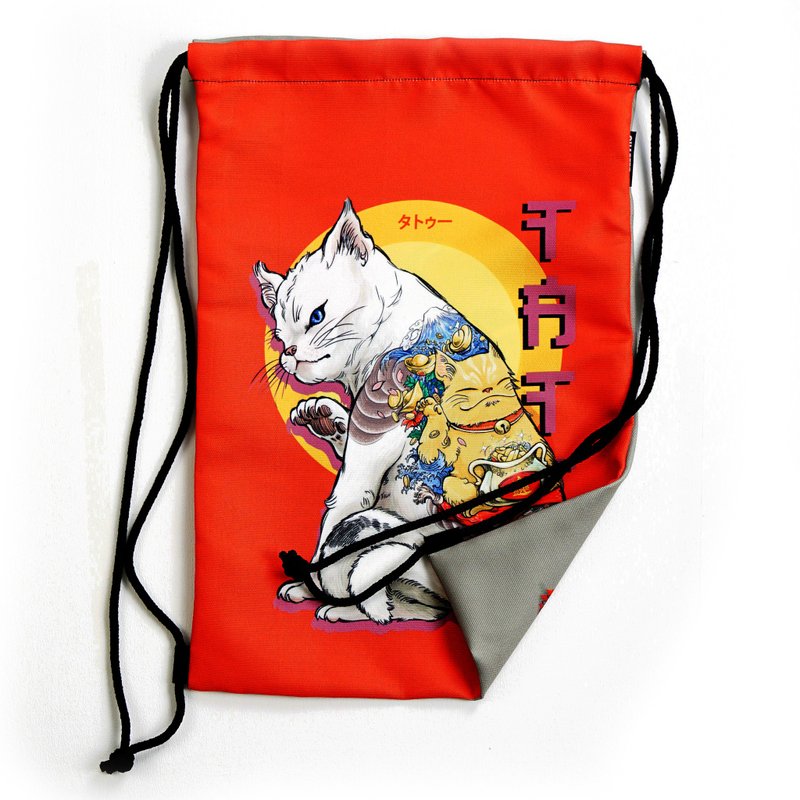 Neko Tattoo / Dog Tattoo/ Back-Front drawstring bag Canvas Reduce global warming - 束口袋双肩包 - 其他材质 白色