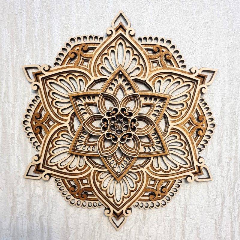 曼陀罗墙饰精神装饰 3d 多层花木莲花瑜伽脉轮 - 墙贴/壁贴 - 木头 咖啡色