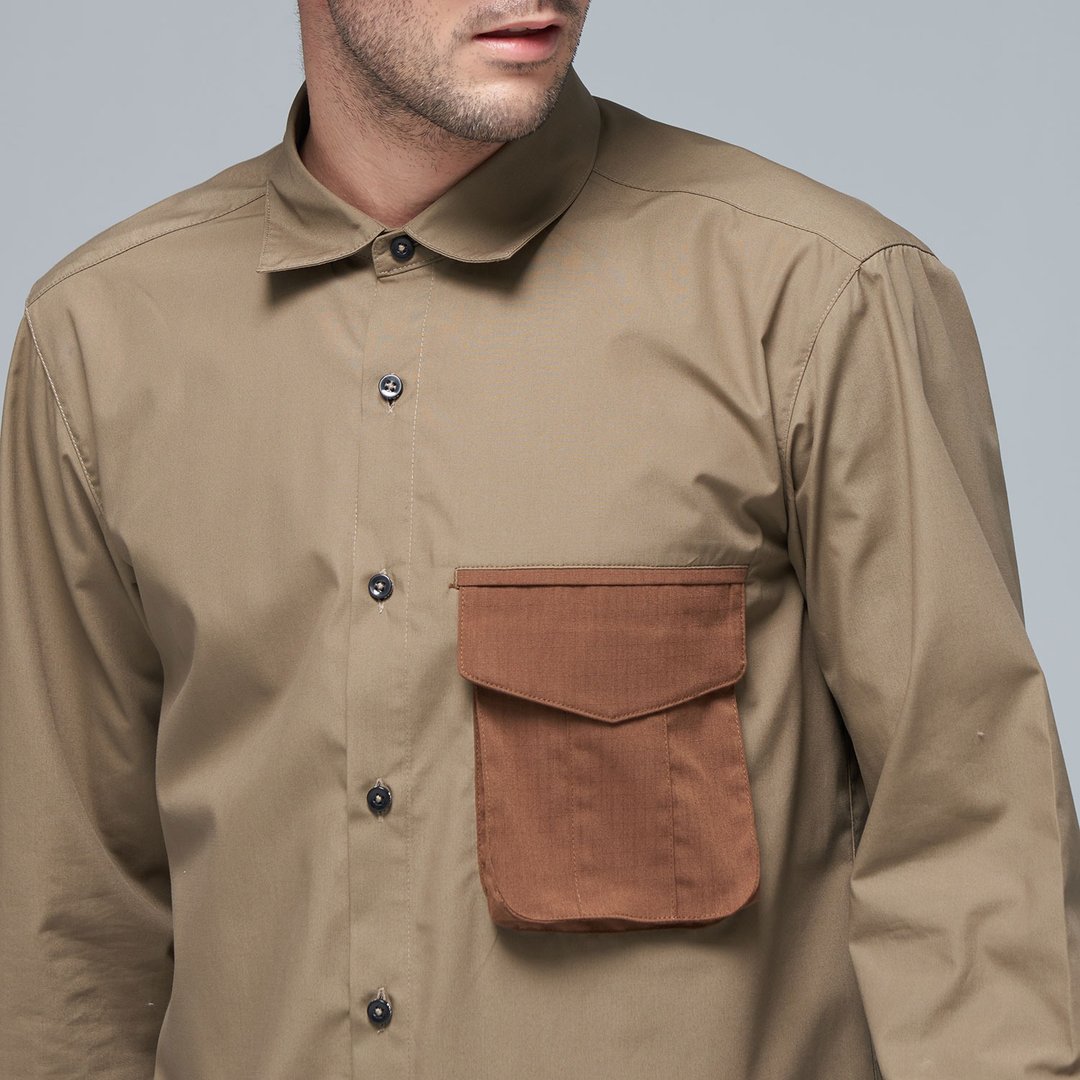 Stone'As Shirt with Pocket / 大地色造型口袋衬衫 - 男装衬衫 - 棉 卡其色