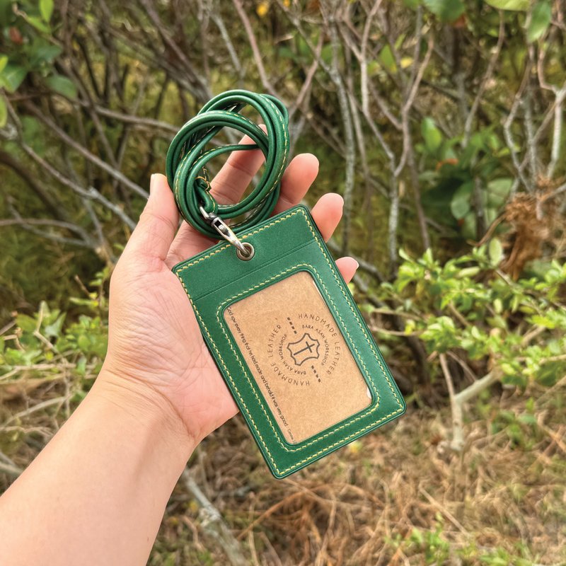 【职员证件套】绿色植鞣牛皮/附真皮挂绳/手缝直式横式识别证 - 证件套/卡套 - 真皮 绿色