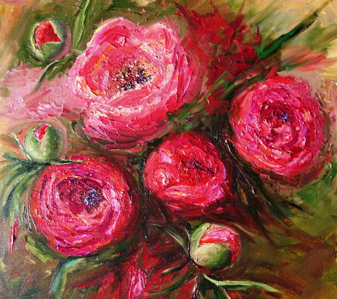 Peonies Painting Oil Flowers Original Art Wedding Bouquet Artwork Canvas Art - 海报/装饰画/版画 - 颜料 粉红色