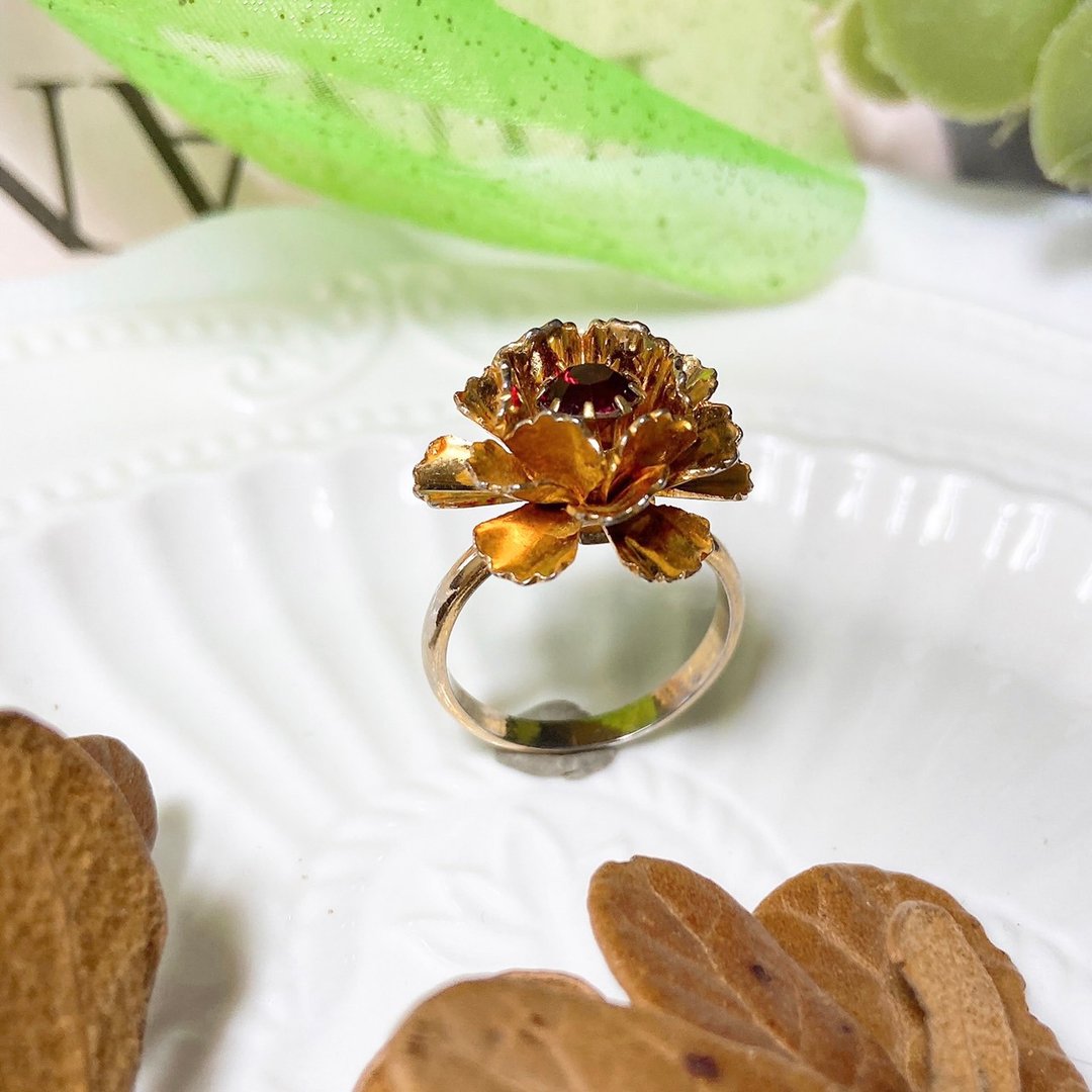 【西洋古董饰品】手工金属工艺 层次雕花玫瑰 红莱茵钻   戒指 - 戒指 - 贵金属 红色
