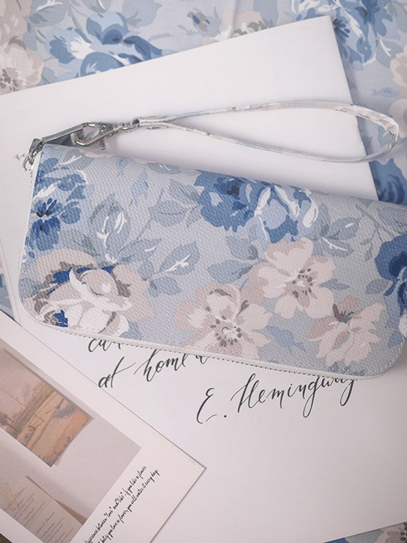 【开运钱包】蓝色蔷薇。布长夹/皮夹/钱包/零钱包 - 皮夹/钱包 - 棉．麻 蓝色