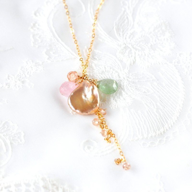 春水滴项链 摩根石与花瓣珍珠项链 - 项链 - 宝石 粉红色