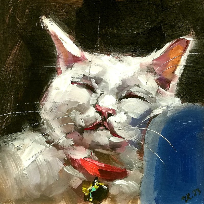 睡猫肖像白猫动物宠物艺术品原创油画 - 海报/装饰画/版画 - 其他材质 多色