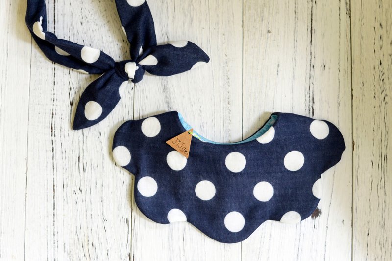 NAVY DOT BaBy GIRL Set - 手作婴儿贺礼套装 - 满月礼盒 - 棉．麻 蓝色