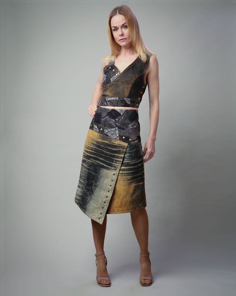 ONE PIECE 系列 | 不对称水洗印花丹宁套装 - 洋装/连衣裙 - 其他材质 多色