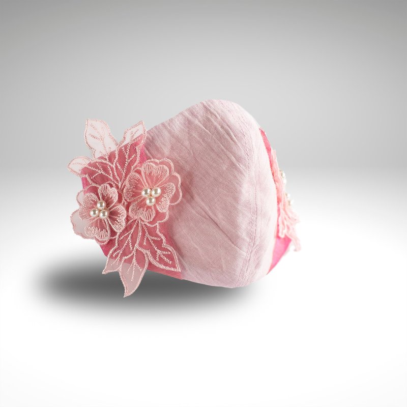 PSNY 3D flower lover motif, pink lace and pink Linen mask cover 2W12 - 口罩 - 棉．麻 粉红色
