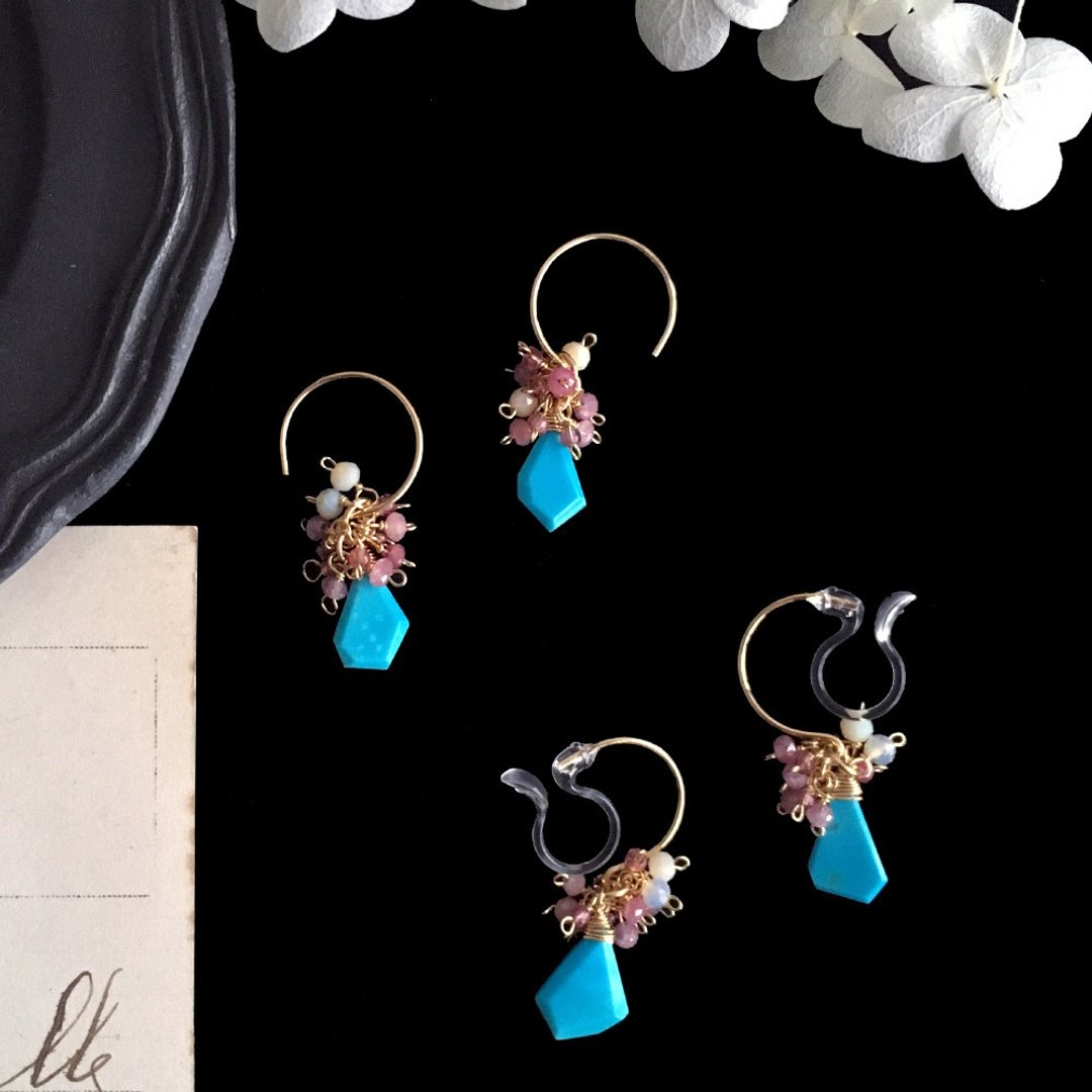 14kgf Sleeping Beauty Turquoise and Pink Sapphire Petit Hoop Earrings / Ear Clips nzm-209 Ear Needles / Ear Ears - 耳环/耳夹 - 宝石 蓝色