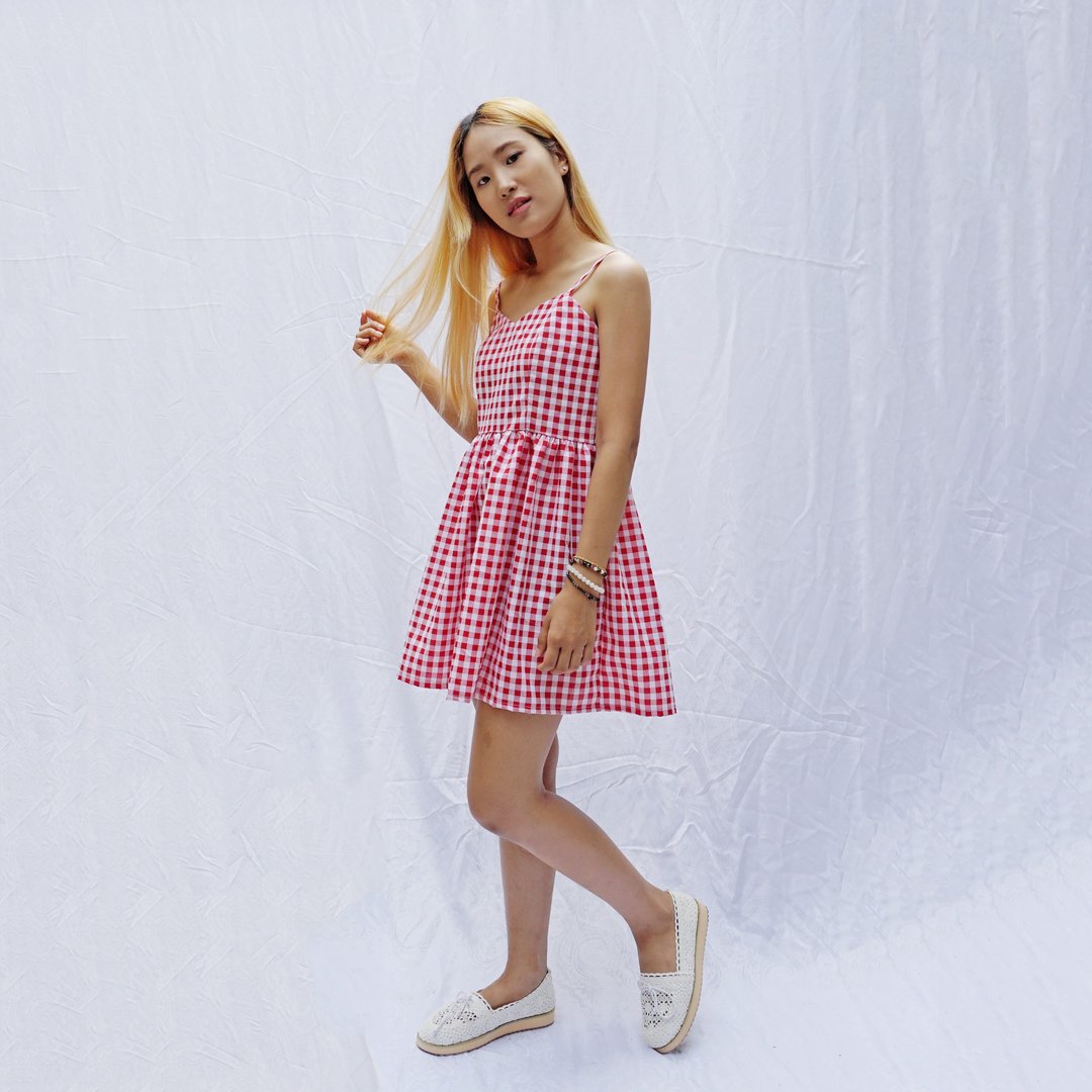 Gingham strappy sweetheart smock sundress - 洋装/连衣裙 - 棉．麻 多色