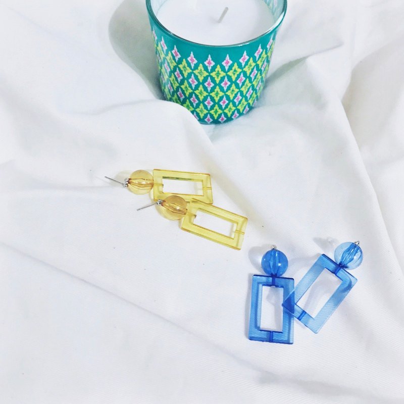 Marygo［蓝黄透明立体方形］耳环 - 耳环/耳夹 - 其他金属 