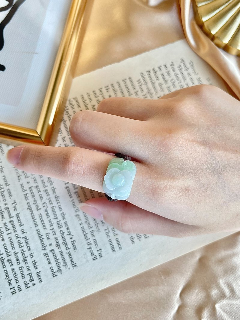 缅甸玉A货翡翠-冰飘绿牡丹翡翠戒指 玉 jade 礼物 天然石 定制化 - 戒指 - 玉石 绿色