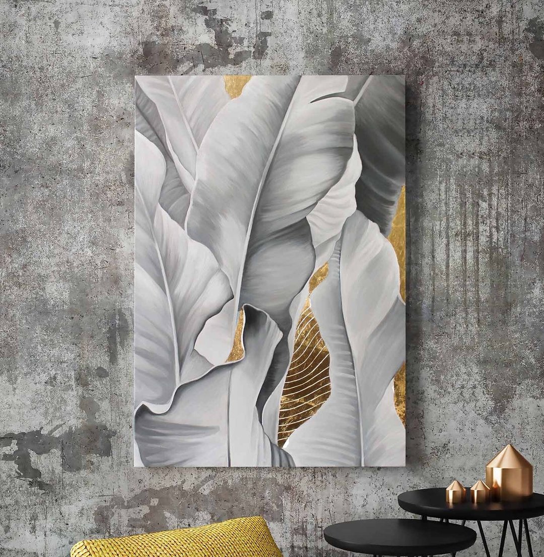 金色画作 | 香蕉叶 | 叶子绘画 | 叶子艺术 | 金色叶子 - 墙贴/壁贴 - 棉．麻 金色