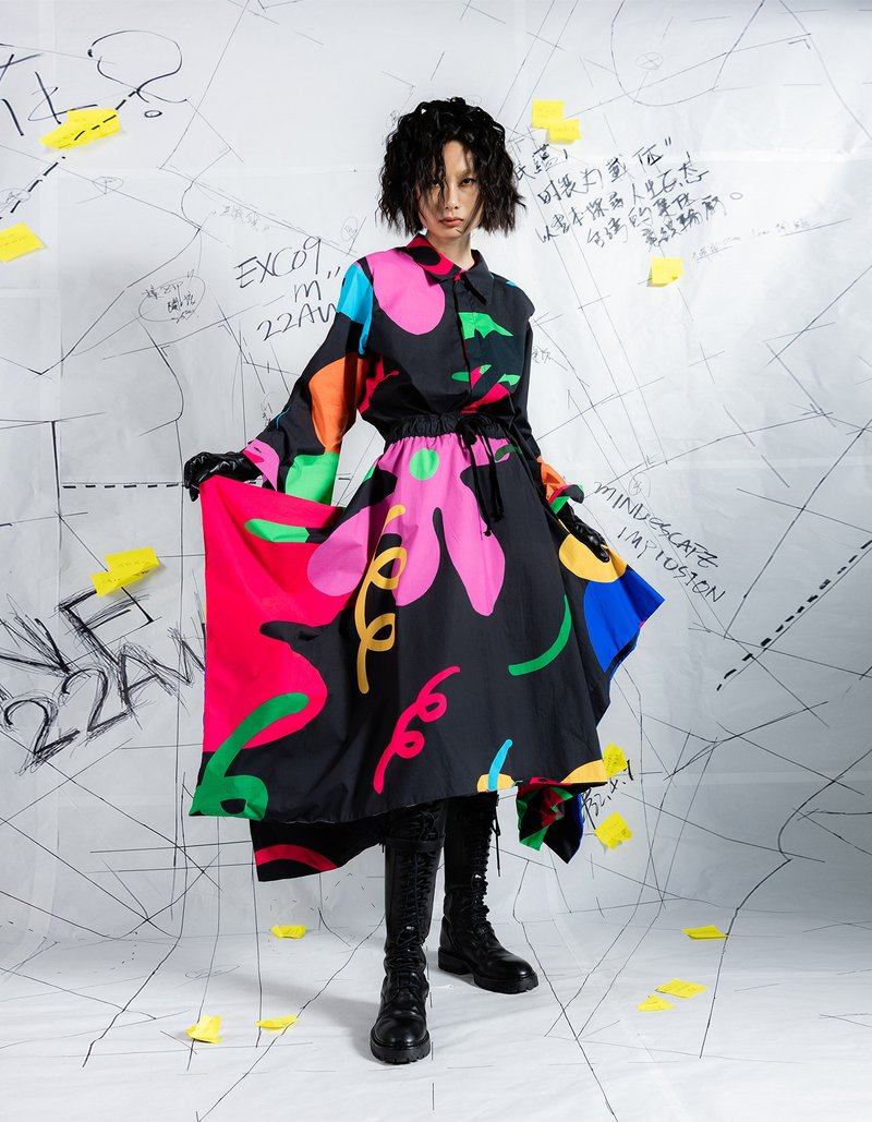 不规则垂坠黑印花长裙 - 裙子 - 棉．麻 多色