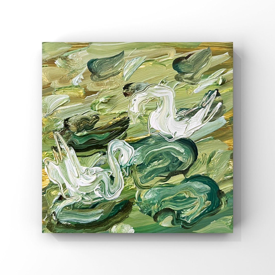 睡莲中的优雅天鹅 – 宁静的印象派油画 4x4 英寸 - 海报/装饰画/版画 - 其他材质 绿色