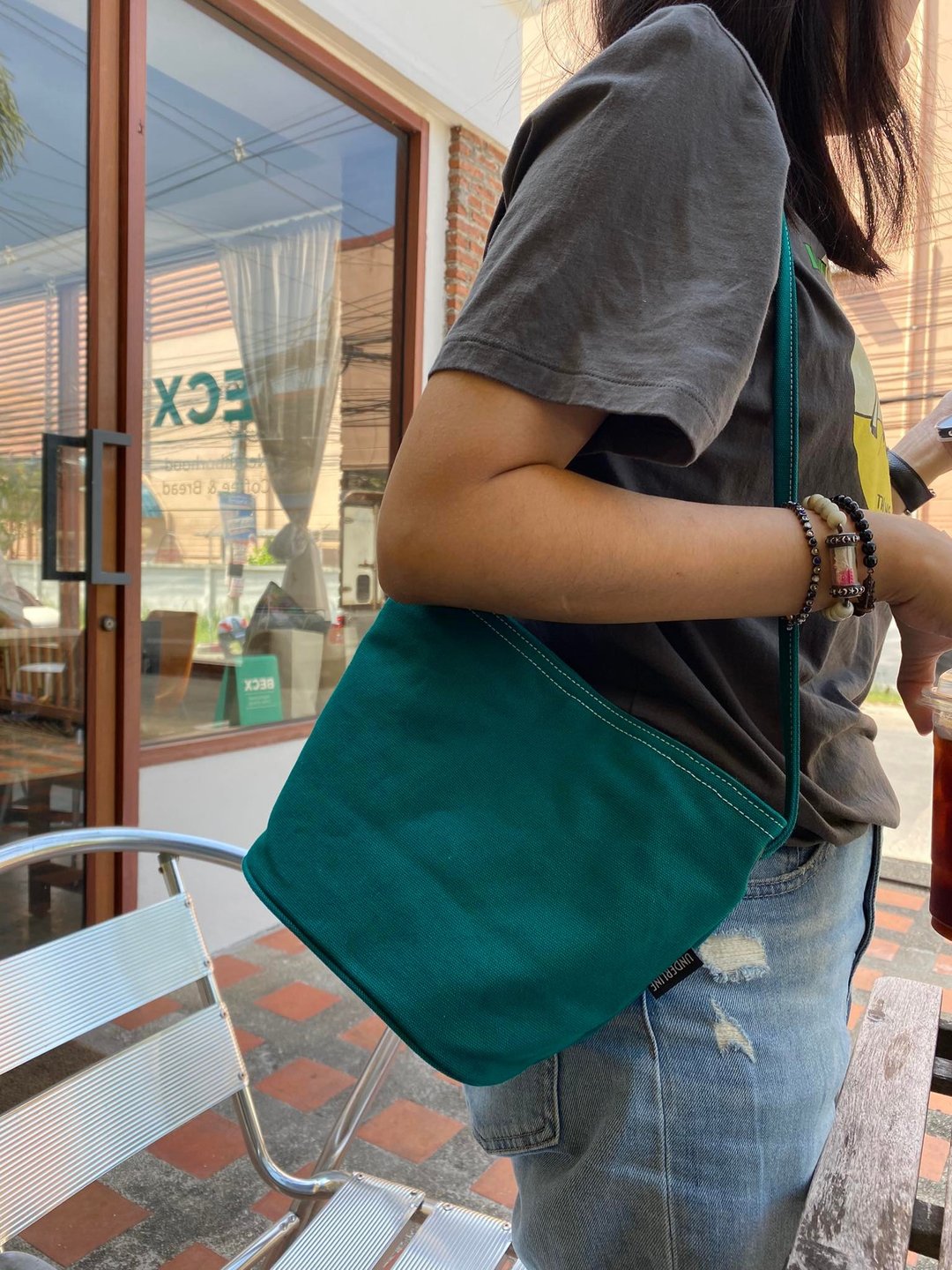 Mini Green Canvas Cozy Bag / Shoulder bag / 泰國包包 /泰國設計 - 侧背包/斜挎包 - 棉 绿色
