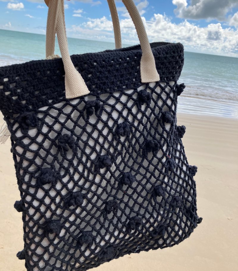 钩织托特包，附珍珠挂绳。黑白极简风格手工钩织托特包。 - 手提包/手提袋 - 棉．麻 黑色