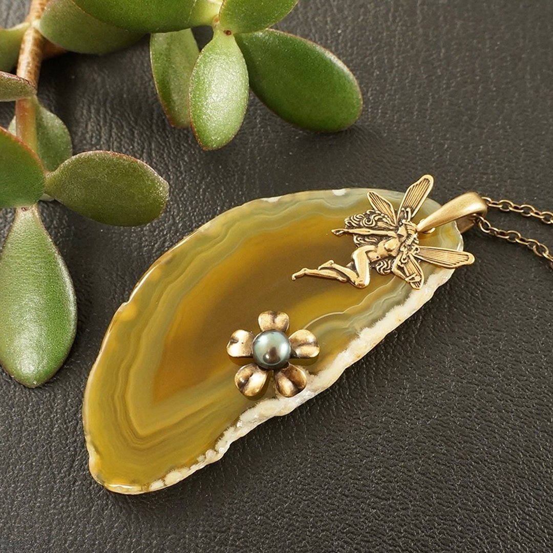 Yellow Agate Slice Slab Brass Fairy Flower Pendant Necklace Woman Jewelry Gift - 项链 - 半宝石 黄色