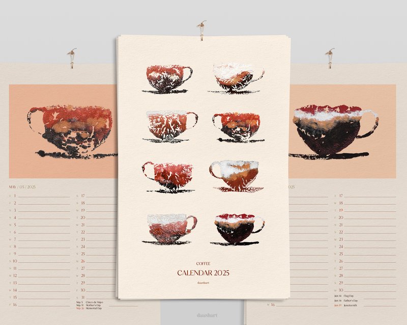 咖啡每月可打印笔记挂历 2025 年抽象 Monotype 艺术装饰 - 其他数码设计 - 其他材质 