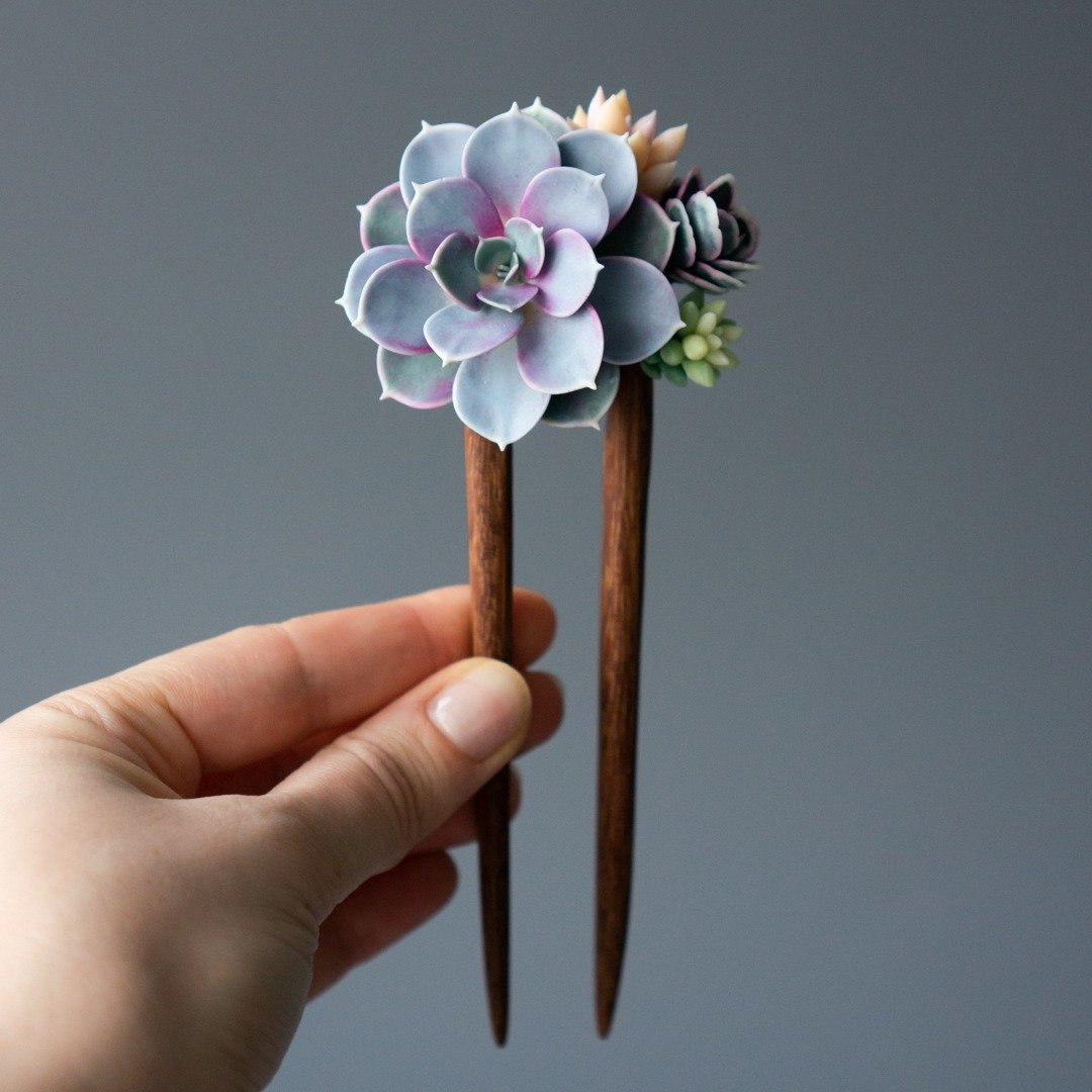 木质发簪搭配仿真 Echeveria PVN - 发饰 - 其他材质 