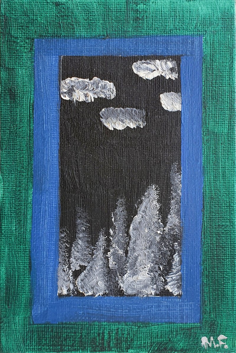 Night Landscape Painting Pine Trees Original Art Skyscape Sirinat National Park - 海报/装饰画/版画 - 其他材质 黑色